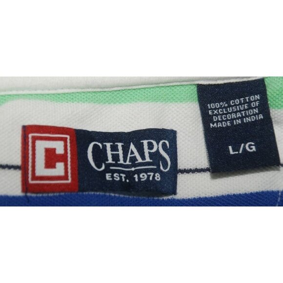 Chaps Mens Short Sleeve Polo Shirt Size L White Blue & Green Striped Preppy Golf - Picture 7 of 7
